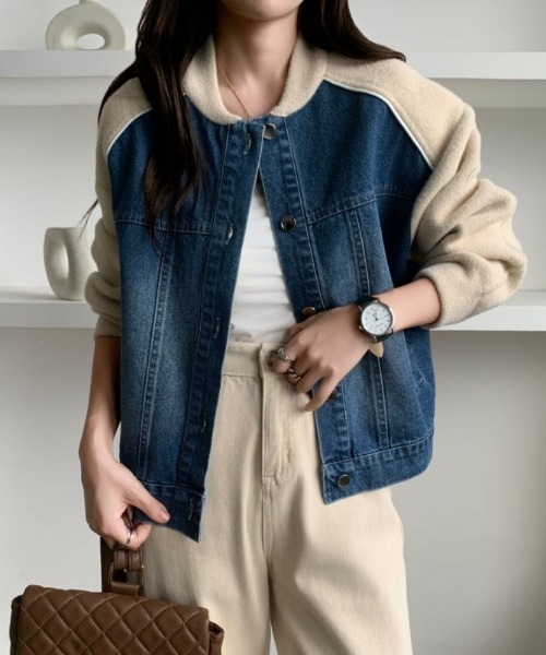 emi+（エミプラス）の「配色パイピングデニムドッキングブルゾン（ブルゾン・レディース・アイボリー/ブラック/ベージュ・FREE）」の17枚目の写真