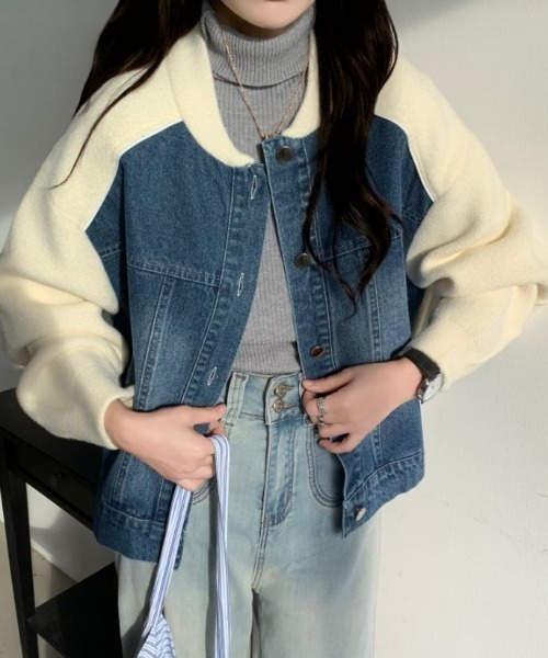 emi+（エミプラス）の「配色パイピングデニムドッキングブルゾン（ブルゾン・レディース・アイボリー/ブラック/ベージュ・FREE）」の13枚目の写真