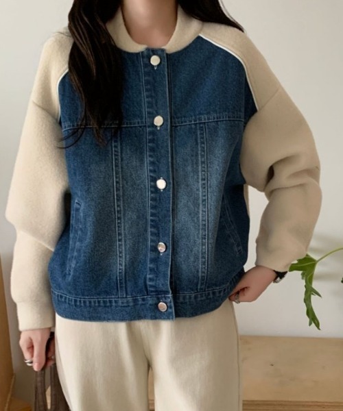 emi+（エミプラス）の「配色パイピングデニムドッキングブルゾン（ブルゾン・レディース・アイボリー/ブラック/ベージュ・FREE）」の16枚目の写真