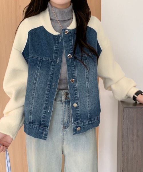 emi+（エミプラス）の「配色パイピングデニムドッキングブルゾン（ブルゾン・レディース・アイボリー/ブラック/ベージュ・FREE）」の12枚目の写真