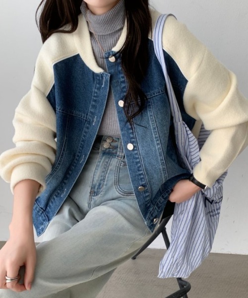 emi+（エミプラス）の「配色パイピングデニムドッキングブルゾン（ブルゾン・レディース・アイボリー/ブラック/ベージュ・FREE）」の11枚目の写真