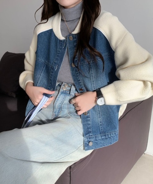 emi+（エミプラス）の「配色パイピングデニムドッキングブルゾン（ブルゾン・レディース・アイボリー/ブラック/ベージュ・FREE）」の10枚目の写真