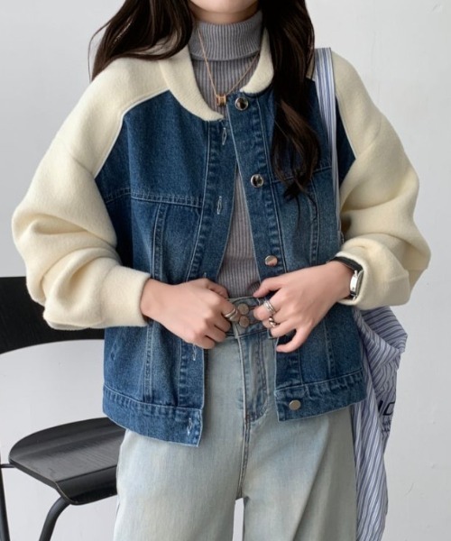 emi+（エミプラス）の「配色パイピングデニムドッキングブルゾン（ブルゾン・レディース・アイボリー/ブラック/ベージュ・FREE）」の9枚目の写真