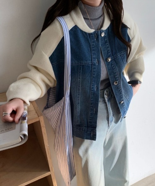 emi+（エミプラス）の「配色パイピングデニムドッキングブルゾン（ブルゾン・レディース・アイボリー/ブラック/ベージュ・FREE）」の8枚目の写真