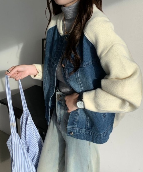 emi+（エミプラス）の「配色パイピングデニムドッキングブルゾン（ブルゾン・レディース・アイボリー/ブラック/ベージュ・FREE）」の7枚目の写真