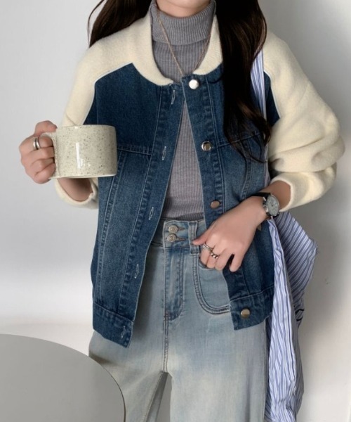 emi+（エミプラス）の「配色パイピングデニムドッキングブルゾン（ブルゾン・レディース・アイボリー/ブラック/ベージュ・FREE）」の5枚目の写真