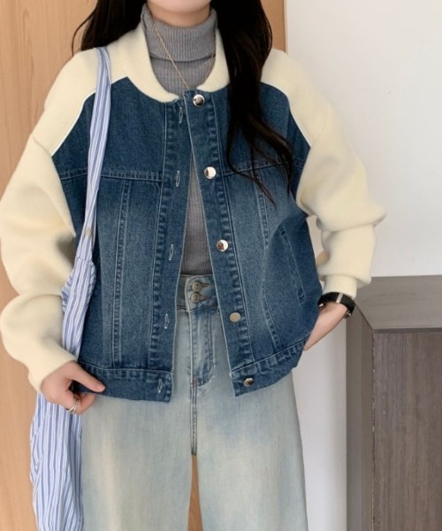 emi+（エミプラス）の「配色パイピングデニムドッキングブルゾン（ブルゾン・レディース・アイボリー/ブラック/ベージュ・FREE）」の4枚目の写真