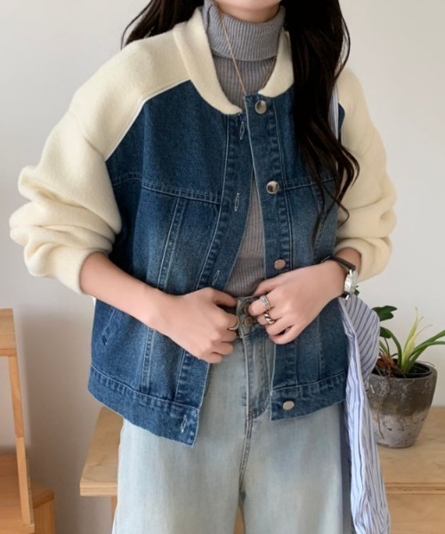 emi+（エミプラス）の「配色パイピングデニムドッキングブルゾン（ブルゾン・レディース・アイボリー/ブラック/ベージュ・FREE）」の6枚目の写真
