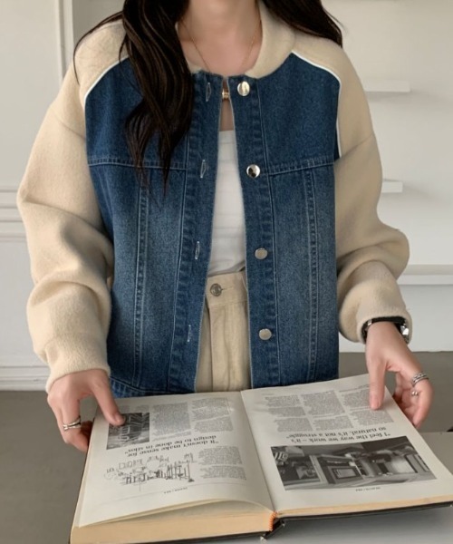 emi+（エミプラス）の「配色パイピングデニムドッキングブルゾン（ブルゾン・レディース・アイボリー/ブラック/ベージュ・FREE）」の14枚目の写真