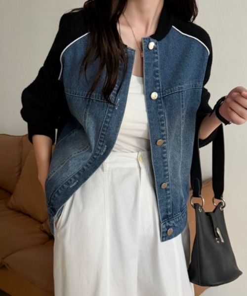 emi+（エミプラス）の「配色パイピングデニムドッキングブルゾン（ブルゾン・レディース・アイボリー/ブラック/ベージュ・FREE）」の22枚目の写真