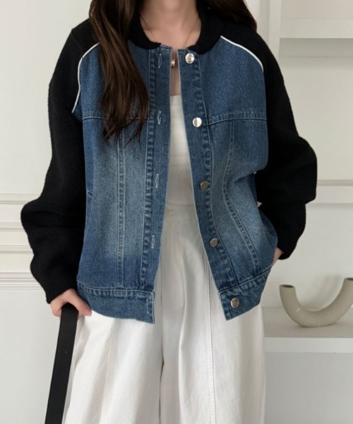 emi+（エミプラス）の「配色パイピングデニムドッキングブルゾン（ブルゾン・レディース・アイボリー/ブラック/ベージュ・FREE）」の20枚目の写真