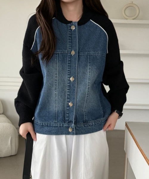 emi+（エミプラス）の「配色パイピングデニムドッキングブルゾン（ブルゾン・レディース・アイボリー/ブラック/ベージュ・FREE）」の19枚目の写真