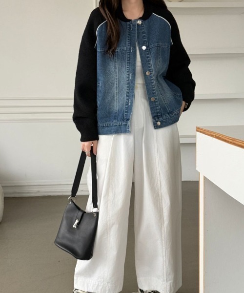 emi+（エミプラス）の「配色パイピングデニムドッキングブルゾン（ブルゾン・レディース・アイボリー/ブラック/ベージュ・FREE）」の18枚目の写真