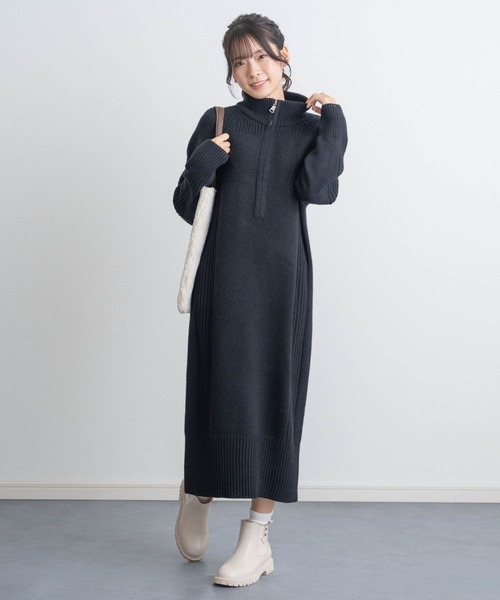 ハーフジップ リブライン ニットワンピース [マタニティ 産前産後 授乳
