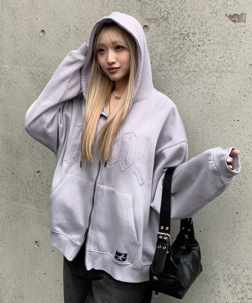 lilful（リルフル）の「【KANGOL】【裏起毛】別注スプレー加工ロゴワッペンダブルジップビッグパーカー（パーカー・レディース・ピンク/ブラック/ベージュ/グレー・M/XL/L）」の3枚目の写真