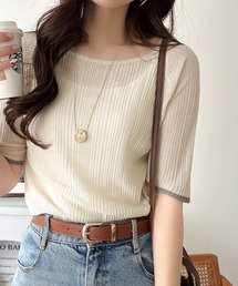 classicalelf（クラシカルエルフ）の「爽やかな透け感で魅せる。袖口配色ランダムタックシアー5分袖トップス（Tシャツ/カットソー）」