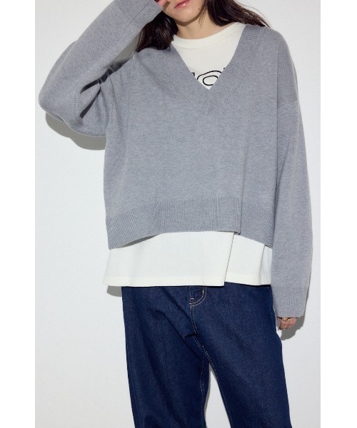 AZUL by moussy（アズールバイマウジー）の「スウェットライクVネックニット（ニット/セーター・レディース・ライトピンク/杢グレー/ネイビー・SMALL/MEDIUM）」の4枚目の写真