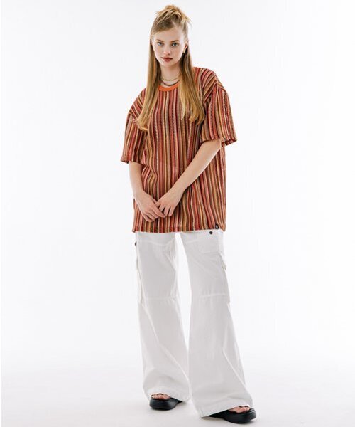 runningHIGH（ランニングハイ）の「ストライプニット H/S ルーズティー [オレンジ]（ニット/セーター・レディース・その他・FREE）」の2枚目の写真