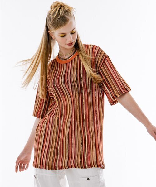 runningHIGH（ランニングハイ）の「ストライプニット H/S ルーズティー [オレンジ]（ニット/セーター・レディース・その他・FREE）」の3枚目の写真