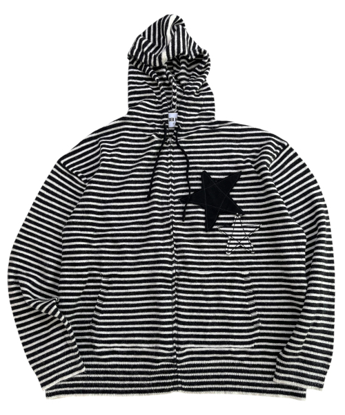 Double Stars Stripe Knit Hood Zip‑Up (black)