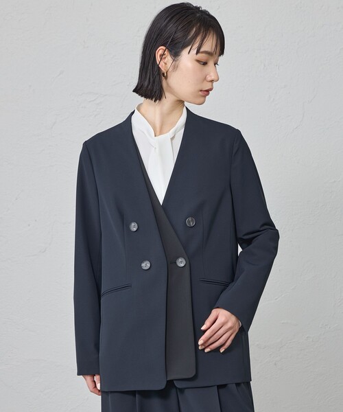 CAST:(キャストコロン)の「【はっ水/UV対策/セットアップ対応】フェイクレイヤードバイカラージャケット(テーラードジャケット・レディース・ブラック/ネイビー/ベージュ・L/M/S)」の3枚目の写真