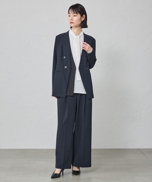 CAST:(キャストコロン)の「【はっ水/UV対策/セットアップ対応】フェイクレイヤードバイカラージャケット(テーラードジャケット・レディース・ブラック/ネイビー/ベージュ・L/M/S)」の6枚目の写真