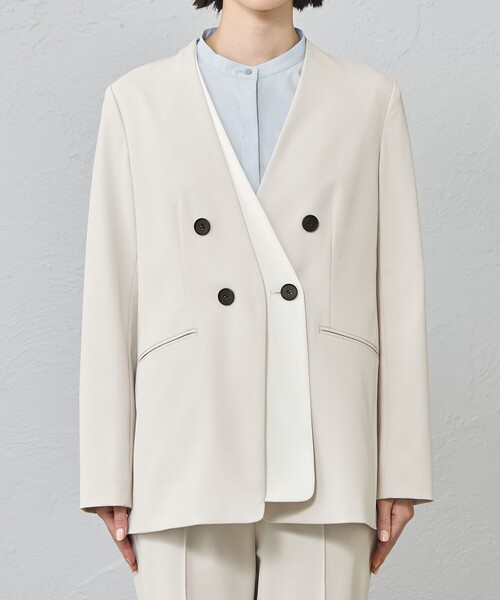 CAST:(キャストコロン)の「【はっ水/UV対策/セットアップ対応】フェイクレイヤードバイカラージャケット(テーラードジャケット・レディース・ブラック/ネイビー/ベージュ・L/M/S)」の8枚目の写真