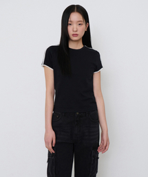 ウィメンズスリムレーストラックTシャツ[ブラック/アイボリー]