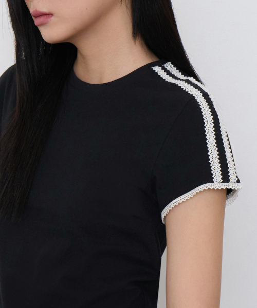 MUSINSA STANDARD WOMAN（ムシンサスタンダードウーマン）の「ウィメンズスリムレーストラックTシャツ[ブラック/アイボリー]（Tシャツ/カットソー・レディース・その他・SMALL/MEDIUM/X-SMALL/LARGE）」の3枚目の写真