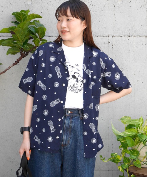 パイナップルひまわりプリント アロハシャツ(セットアップ対応