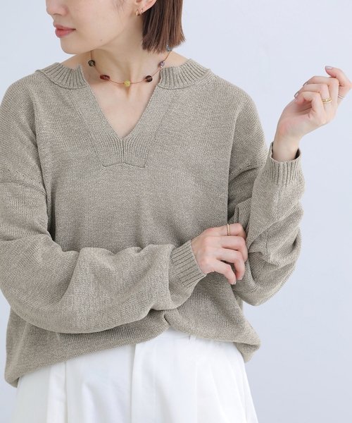 IENA(イエナ)の「コットンwashiニットプルオーバー(ニット/セーター・レディース・カーキ/ブラック・FREE)」の1枚目の写真