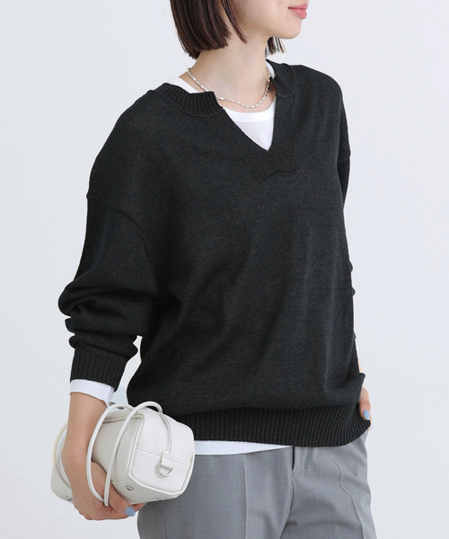 IENA(イエナ)の「コットンwashiニットプルオーバー(ニット/セーター・レディース・カーキ/ブラック・FREE)」の2枚目の写真