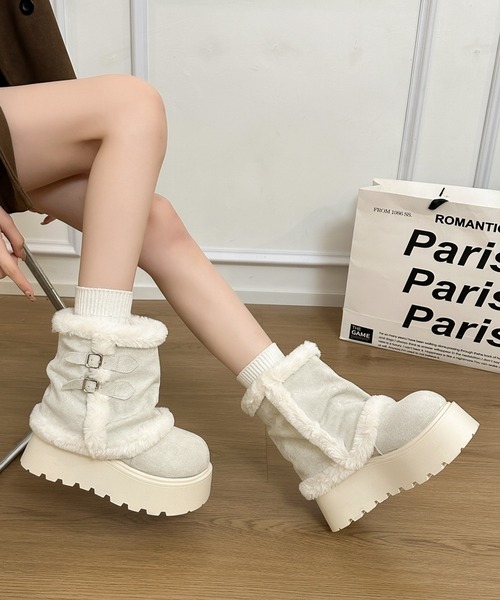 Lace Ladies(レースレディース)の「ムートン風 ファー ベルト付 厚底 ショート カバーブーツ(ブーツ・レディース・アイボリー/ブラウン・23cm/23.5cm/24cm/24.5cm/25cm/22.5cm)」の6枚目の写真