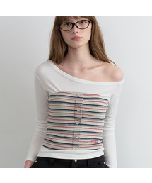 STRIPE BUTTON BUSTIER LAYERED LONG SLEEVE WH+GY