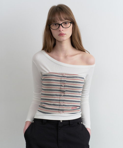 ROLAROLA（ロラロラ）の「STRIPE BUTTON BUSTIER LAYERED LONG SLEEVE WH+GY（Tシャツ/カットソー・レディース・ホワイト×グレー・FREE）」の2枚目の写真