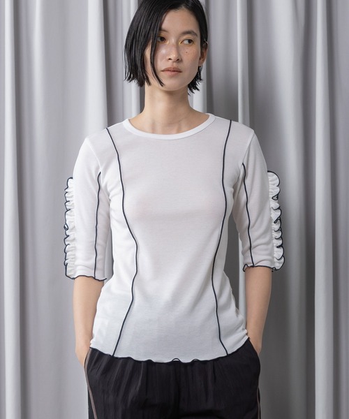 MARECHAL TERRE(マルシャルテル)の「【UV / 接触冷感 機能付き】ラッフル袖インナートップス(Tシャツ/カットソー・レディース・ライトグレー/ブラック/ブルー/オフホワイト・MEDIUM)」の2枚目の写真