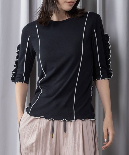 MARECHAL TERRE(マルシャルテル)の「【UV / 接触冷感 機能付き】ラッフル袖インナートップス(Tシャツ/カットソー・レディース・ライトグレー/ブラック/ブルー/オフホワイト・MEDIUM)」の3枚目の写真