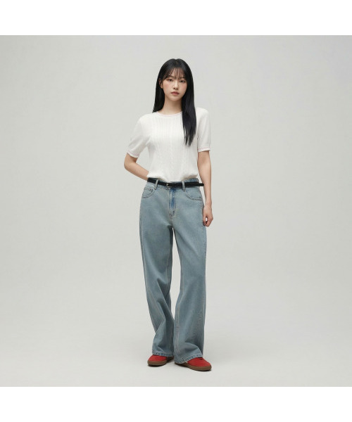 LAP(ラップ)の「サンドウォッシング切り替えラインワイドパンツ AS1DP263(デニムパンツ・レディース・ライトインディゴブルー・MEDIUM/SMALL)」の2枚目の写真