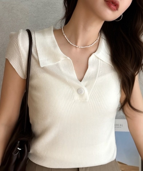 Eclat one(エクラワン)の「【Eclat one】ボタンデザイン フレンチスリーブ 半袖 リブ ニット トップス(ニット/セーター・レディース・ブラック/グレー/ブルー/ホワイト・FREE)」の16枚目の写真