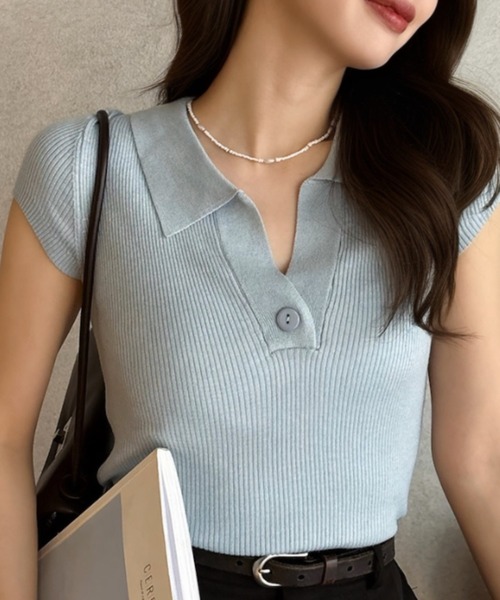 Eclat one(エクラワン)の「【Eclat one】ボタンデザイン フレンチスリーブ 半袖 リブ ニット トップス(ニット/セーター・レディース・ブラック/グレー/ブルー/ホワイト・FREE)」の22枚目の写真