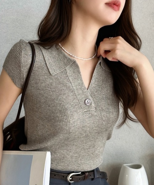 Eclat one(エクラワン)の「【Eclat one】ボタンデザイン フレンチスリーブ 半袖 リブ ニット トップス(ニット/セーター・レディース・ブラック/グレー/ブルー/ホワイト・FREE)」の6枚目の写真