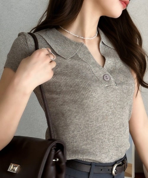 Eclat one(エクラワン)の「【Eclat one】ボタンデザイン フレンチスリーブ 半袖 リブ ニット トップス(ニット/セーター・レディース・ブラック/グレー/ブルー/ホワイト・FREE)」の7枚目の写真