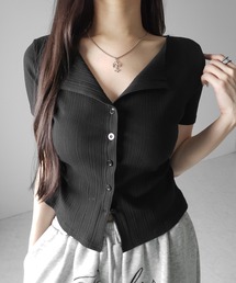 ※※【 2color 】フロントボタン半袖リブカーデトップス / front button short sleeve lib cardigan tops