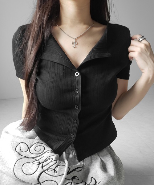 me+em select(ミームセレクト)の「※※【 2color 】フロントボタン半袖リブカーデトップス / front button short sleeve lib cardigan tops(その他トップス・レディース・ホワイト/ブラック・FREE)」の21枚目の写真