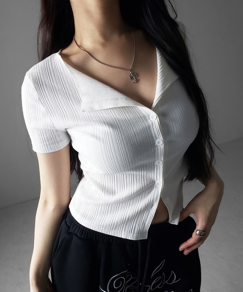 me+em select(ミームセレクト)の「※※【 2color 】フロントボタン半袖リブカーデトップス / front button short sleeve lib cardigan tops(その他トップス・レディース・ホワイト/ブラック・FREE)」の4枚目の写真