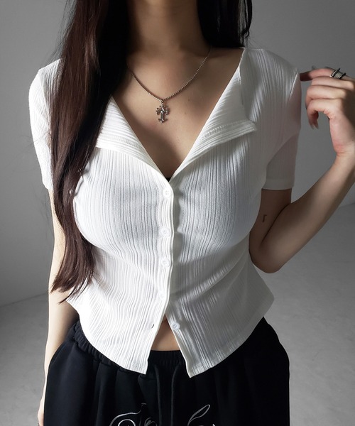 me+em select(ミームセレクト)の「※※【 2color 】フロントボタン半袖リブカーデトップス / front button short sleeve lib cardigan tops(その他トップス・レディース・ホワイト/ブラック・FREE)」の5枚目の写真