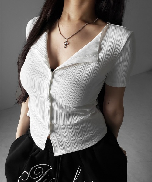 me+em select(ミームセレクト)の「※※【 2color 】フロントボタン半袖リブカーデトップス / front button short sleeve lib cardigan tops(その他トップス・レディース・ホワイト/ブラック・FREE)」の10枚目の写真