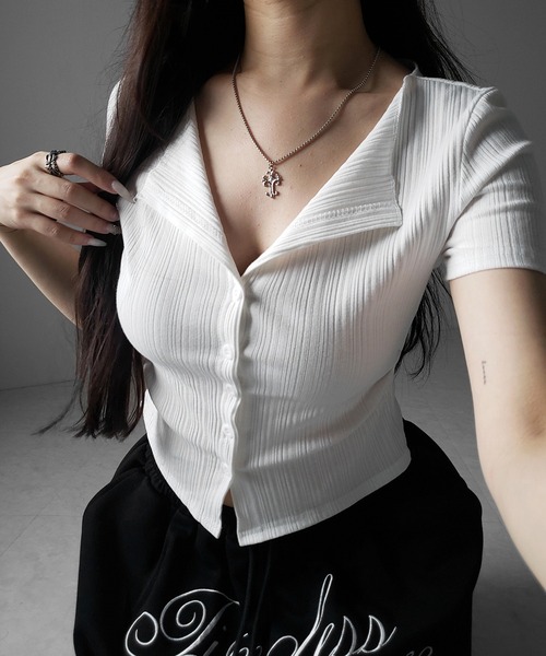 me+em select(ミームセレクト)の「※※【 2color 】フロントボタン半袖リブカーデトップス / front button short sleeve lib cardigan tops(その他トップス・レディース・ホワイト/ブラック・FREE)」の13枚目の写真