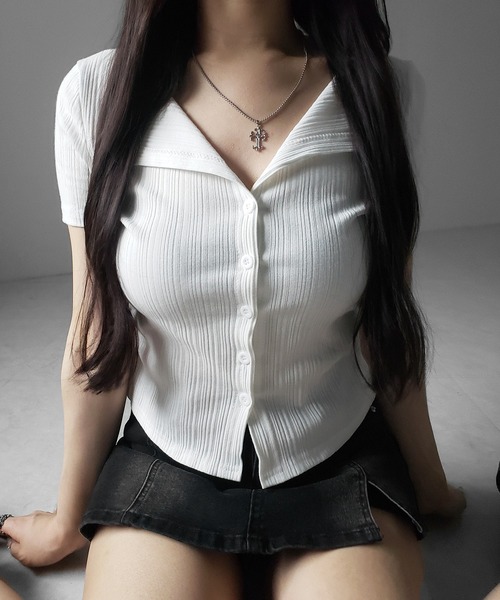 me+em select(ミームセレクト)の「※※【 2color 】フロントボタン半袖リブカーデトップス / front button short sleeve lib cardigan tops(その他トップス・レディース・ホワイト/ブラック・FREE)」の14枚目の写真