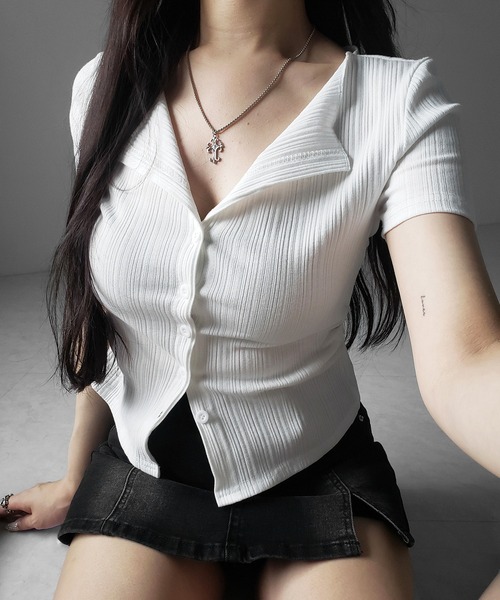 me+em select(ミームセレクト)の「※※【 2color 】フロントボタン半袖リブカーデトップス / front button short sleeve lib cardigan tops(その他トップス・レディース・ホワイト/ブラック・FREE)」の16枚目の写真